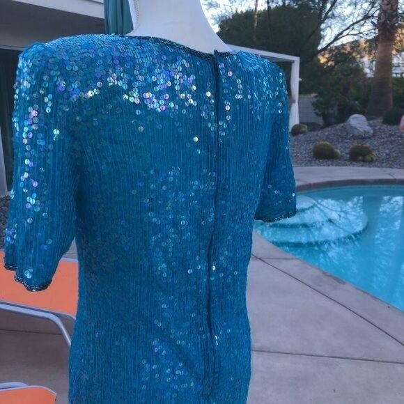 Saks Fifth Avenue Silk Top Small S Womens Vintage Blue Sequin Short Sleeve - Picture 7 of 12